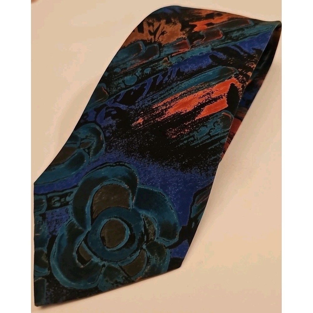 Vtg Don Loper Eurosilk Beverly Hills Floral Abstract Green/Blue/Blk/Orange Tie